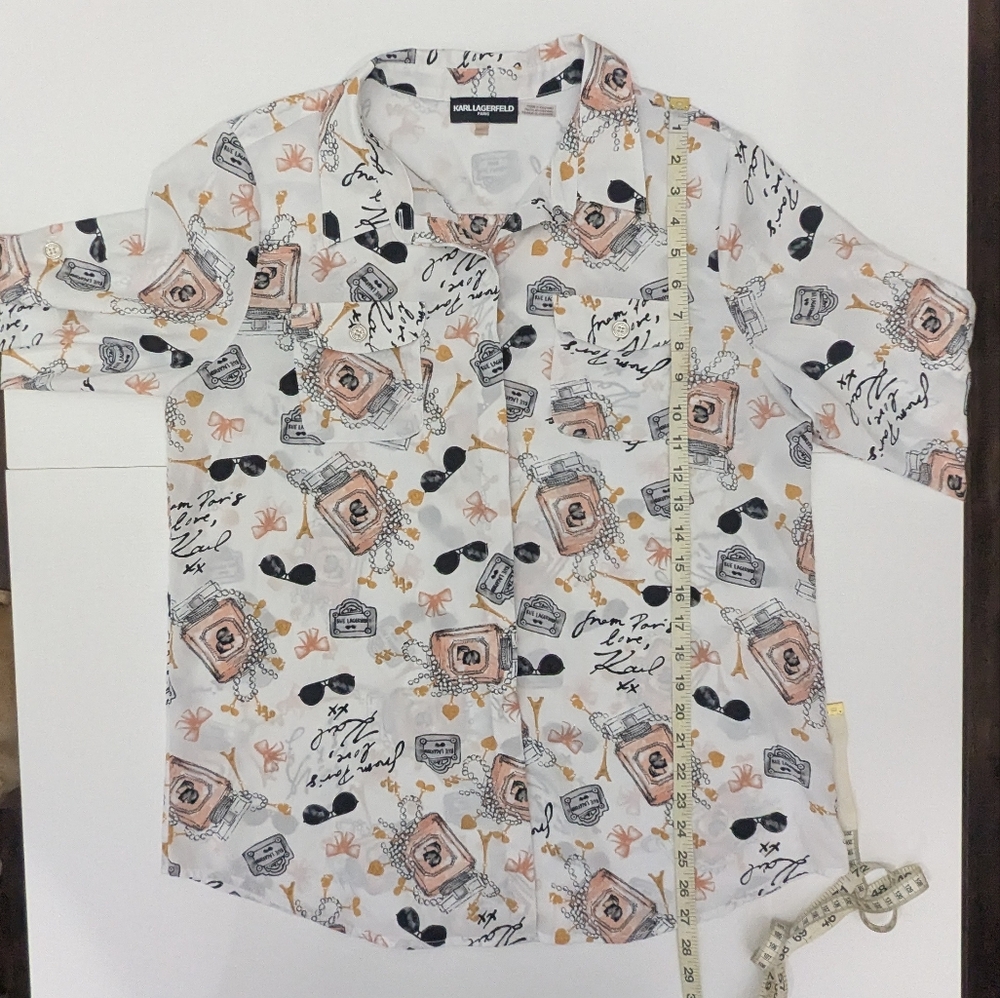 Karl Lagerfeld Paris Whimsical Signature-Printed Blouse Long Roll-Tab Sleeves L - Picture 4 of 12